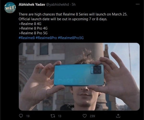 Изтичане на дата на стартиране на Realme 8 в Twitter