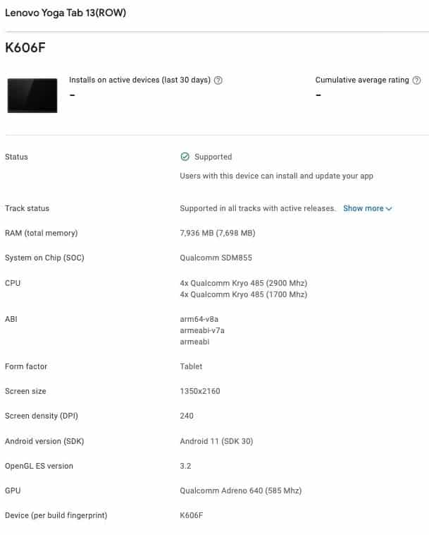 Lenovo Yoga Tab 13 Elenco su Google Play Console