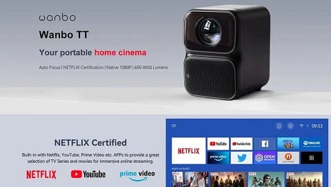[Netflix-sertifisert] Wanbo TT bærbar projektor (1080P, 650 ANSI Lumens, HDR10)