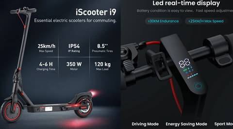 iScooter i9 hopfällbar elektrisk skoter (8.5 tum pneumatiskt däck 350W motor)