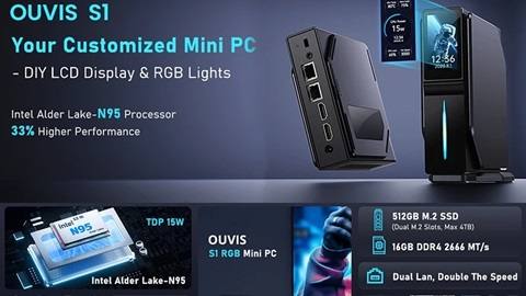 OUVIS S1 Mini PC amb pantalla LCD llum RGB (Intel Alder Lake N95, 16 GB 512 GB SSD)