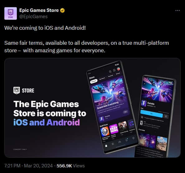 Epic Games Store - Post di annuncio per Android e iOS su X