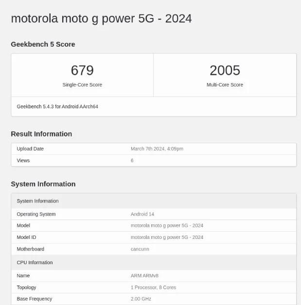 Moto G Power 5G (2024) - רישום Geekbench